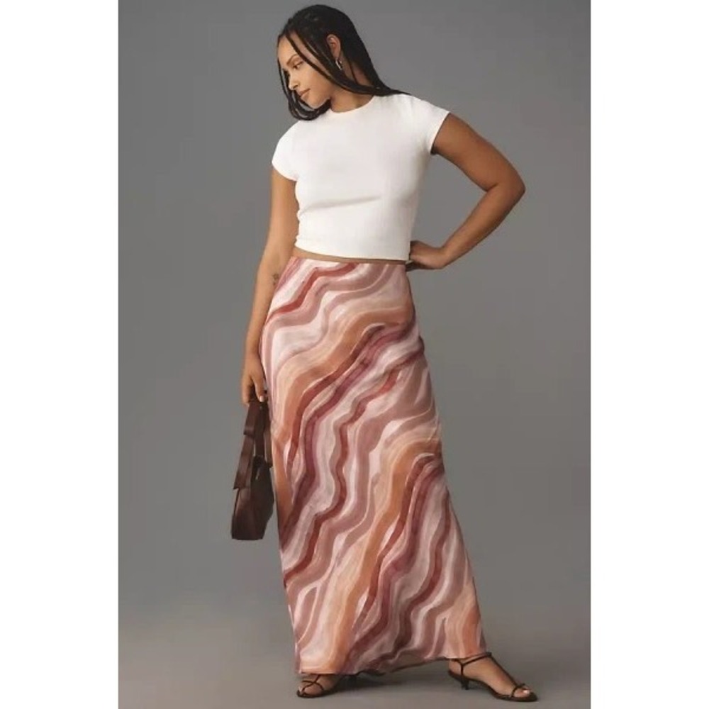 Anthropologie Tilda Pink Wavy Marble Print Maxi Skirt Petite Large LP High Waist